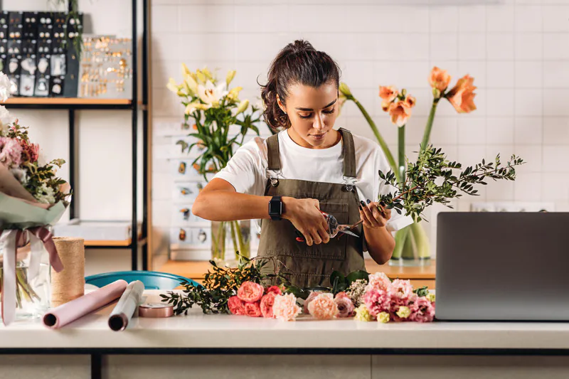 Florista en una pequeña empresa cortando tallos de flores 